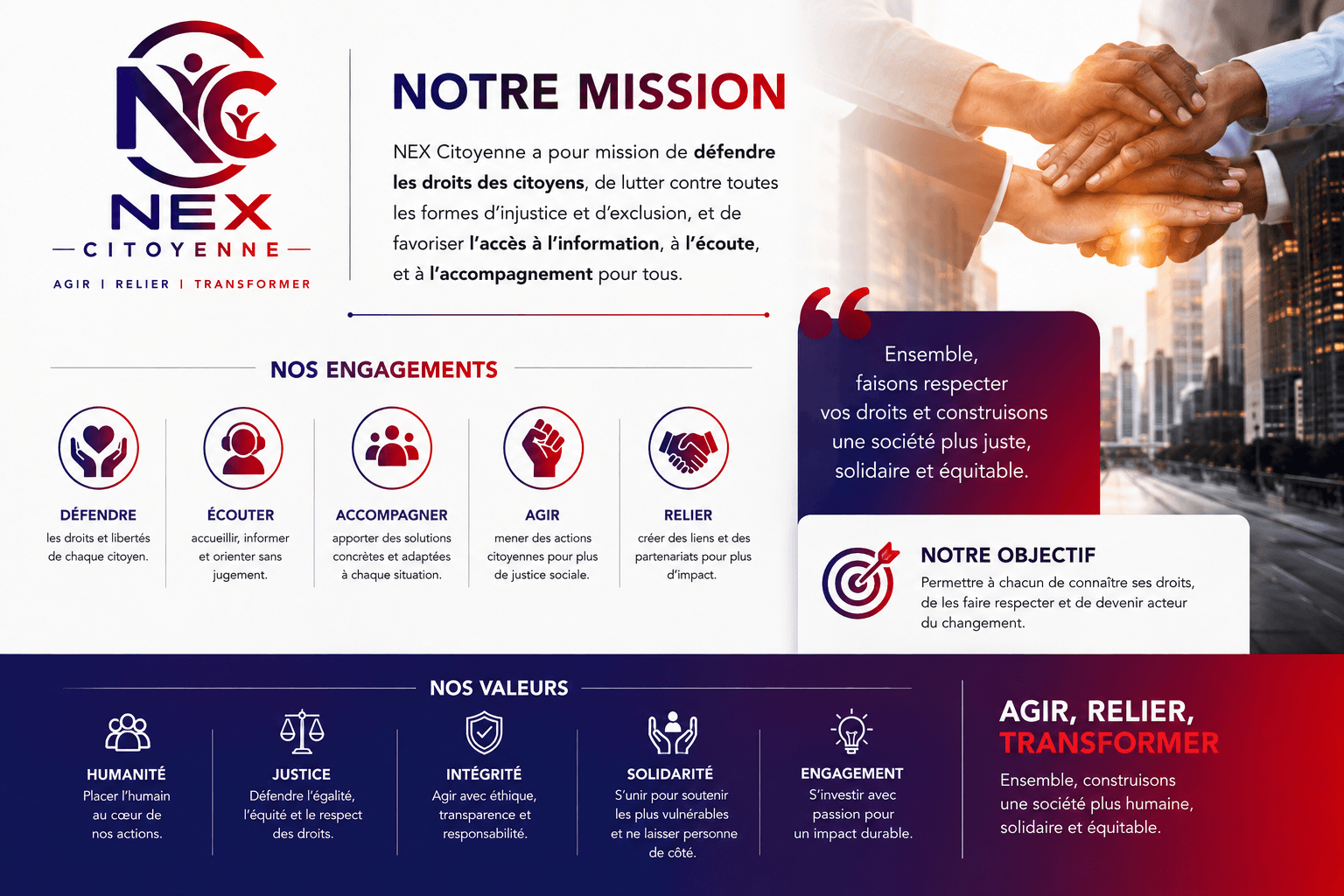 Notre mission : défendre les droits des citoyens, lutter contre l'injustice et l'exclusion, favoriser l'accès à l'information, à l'écoute et à l'accompagnement. Nos engagements : défendre, écouter, accompagner, agir, relier. Nos valeurs : humanité, justice, intégrité, solidarité, engagement.