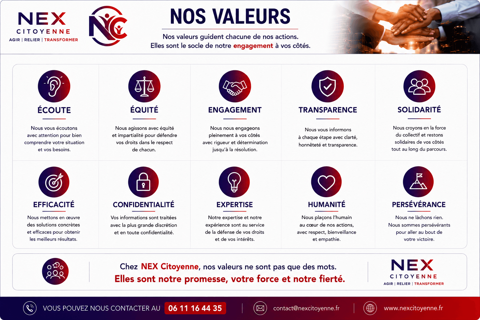 Nos valeurs : écoute, équité, engagement, transparence, solidarité, efficacité, confidentialité, expertise, humanité, persévérance.